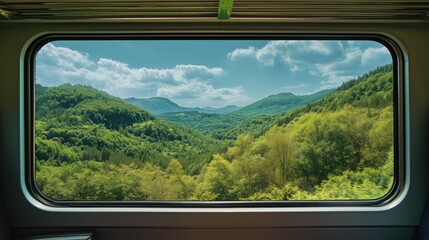 scenic forest and mountain landscape seen from train window, plenty of open sky above hills for copy space