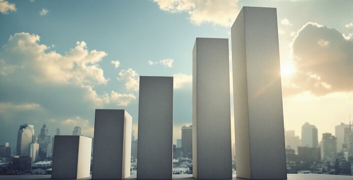 Abstract 3D bar chart made of tall rectangular blocks representing business growth against a modern cityscape under a dramatic cloudy sky at sunset.