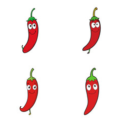 Four cartoon red chili peppers with faces and green stems on a white background are displayed