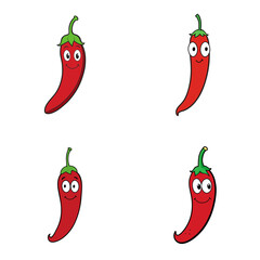 Four cartoon red chili peppers with green stems and big eyes on a white background in a square grid