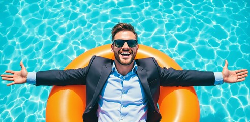 Businessman in suit relaxing on orange float in pool with arms wide open, smiling joyfully under sunlight. Ai generative.