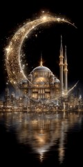 Eid al Adha Mubarak  Golden Mosque  Crescent Moon  Night Cityscape