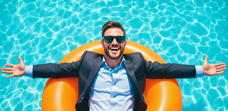 Businessman in suit relaxing on orange float in pool with arms wide open, smiling joyfully under sunlight. Ai generative.