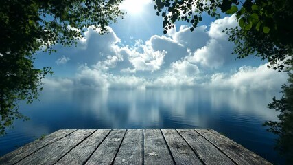 Serene lake view framed by trees, clouds reflecting on calm water, wooden dock in foreground - Powered by Adobe