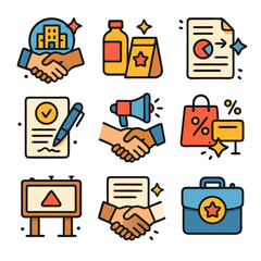 Sponsorship deals depicted through business icons; ideal for illustrating partnerships, corporate collaborations, sponsorships, negotiations, and successful deals.