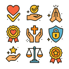 Trust icons featuring faith, hope, charity, and justice in nine colorful symbols. Ideal for websites, presentations, and print materials.