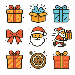 Santa presents colorful Christmas gift icons alongside Santa Claus and a cookie, perfect for holidaythemed designs and festive projects.