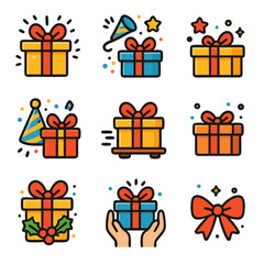 Gift box featuring nine colorful gift icons perfect for festive designs and celebrations. Ideal for holiday promotions, birthday cards, and event invitations.