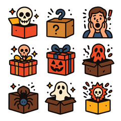 Horror surprise Halloween boxes with chilling treats. Ideal for Halloweenthemed designs, haunted events, spooky social media promotions.