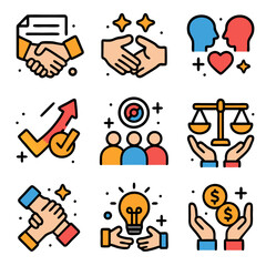 Mutual benefits nine colorful business icons signify teamwork, success, and shared prosperity. Great for presentations, social media, and websites.