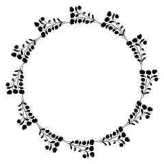 Round floral frame with blooming branches. Circular botanical border. Wreath of flowers. Vintage style. Black silhouette on white background
