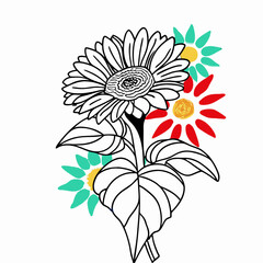 Line Art Sunflower with Colorful Flowers