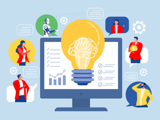 Online Meeting via Laptop,A group of diverse people discussing an idea on a laptop monitor via video link. Online Business Concept vector