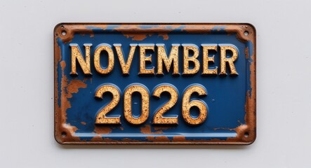 november 2026 lettering on antique rugged rusty metal sign on plain white background
