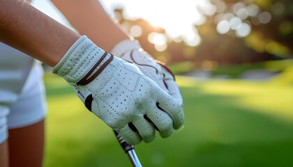 A detailed close-up focusing on a woman golfer's hand as she adjusts her glove, with the soft blur of a golf club and the green providing context.
