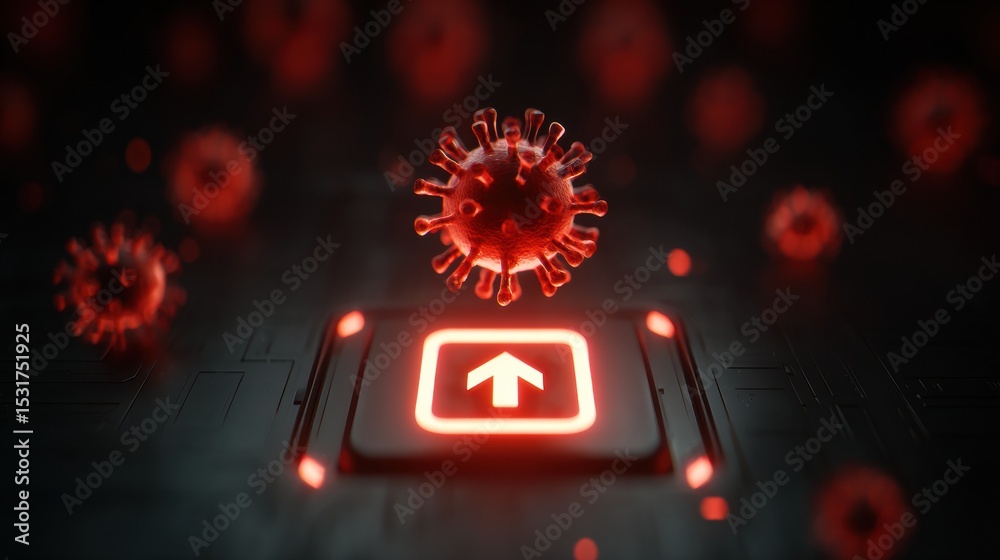 Poster virus-laden download icon glows red in dark digital environment with empty upper layout