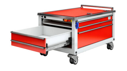 Red and white emergency crash cart on wheels with an open drawer revealing an empty interior, set against a transparent background, ready for use in medical emergencies