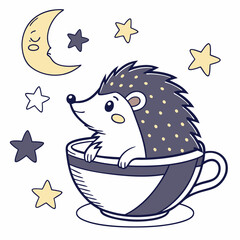 Cute SVG of a Grumpy Hedgehog in Magical Night colors, featuring in a teacup in a Starry night setting