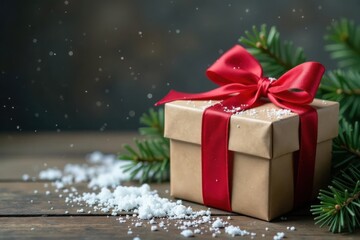 Rustic Christmas gift box beside snowy branch on wood , decoration, festive