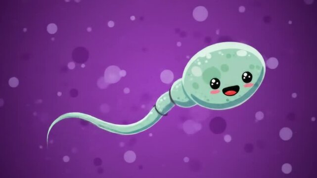 Cute sperm: An adorable sperm cell, drawn with vibrant colors and a cheerful expression, floats gracefully against a whimsical purple backdrop, embodying the beauty of life's beginnings.