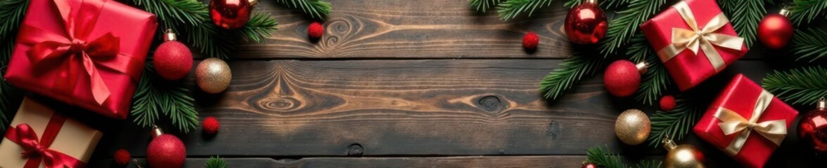 Rustic wood background, Christmas gifts & decorations  Overhead view ,  natural,  brown