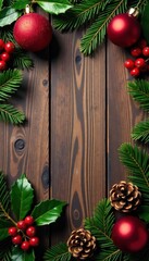 Rustic wood background, ornaments, pine cones, berries, holly, holiday, berries, texture
