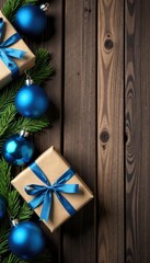 Rustic wood background, wrapped gifts, blue Christmas baubles , winter, xmas