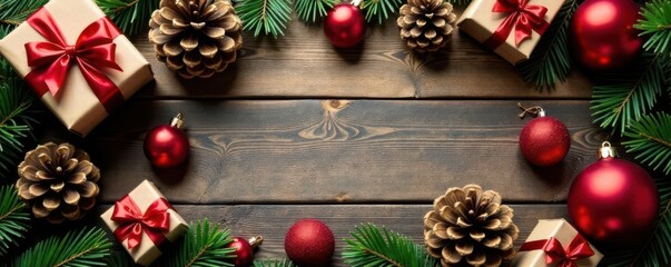 Rustic wood, gifts, ornaments, pine cones, top view, christmas tree, celebration, rustic