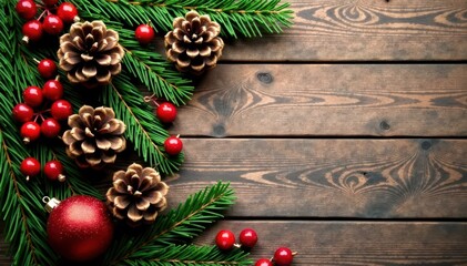 Rustic wood table, Christmas ornaments, pine cones, berries , woodgrain, craft, bow