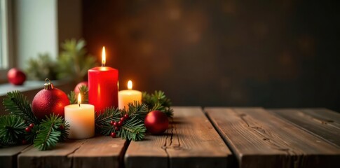 Rustic wood table, festive ornaments, candles , pine cones, christmas tree