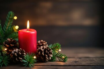 Rustic wood background, red Advent candle, pine cones, branches, fairy lights First Sunday of Advent , glow, background
