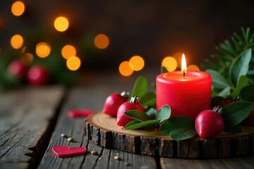 Rustic wood, flickering candle, heart lights, Christmas , fire, festive, warm