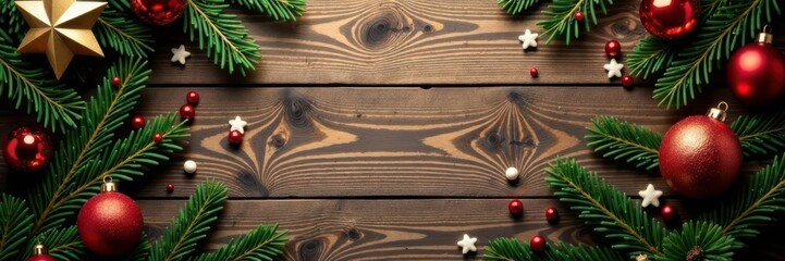Rustic wood tabletop, Christmas decor, top view, copy space , gift, image