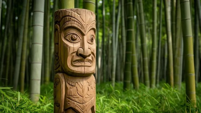 Hand carved wooden totem pole stands in lush green bamboo forest, providing a traditional sculpture with detailed face in a wooded setting.