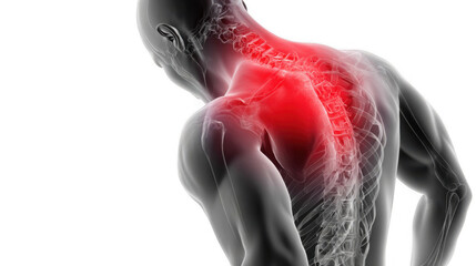 3d medical illustration highlighting painful upper back area in red, depicting muscle spasm, ideal for healthcare presentations with a transparent background for easy integration