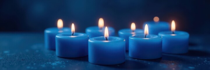 Several blue candles burn softly, creating ambient light , turquoise, burning, relaxing