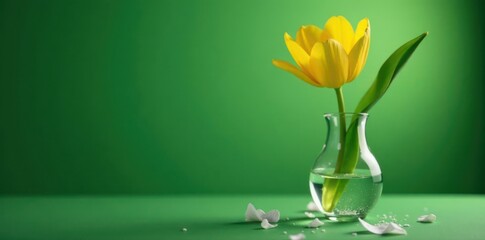 Shattered vase, yellow tulip, green background Soft light, selective focus , floral, copy space, detail