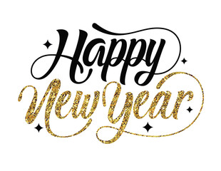 Happy new year greeting text clipart design. New year calendar clip art with black and gold calligraphy in white background for flyers and banner card vector illustration. 
