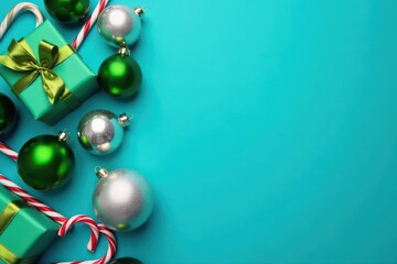 Silver & green Christmas balls, wrapped gifts, candy canes on a vibrant blue backdrop, present, celebration, traditional