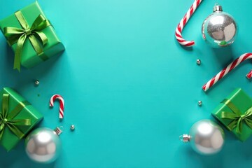 Silver & green Christmas balls, wrapped gifts, candy canes on a vibrant blue backdrop, xmas, holiday, luxury