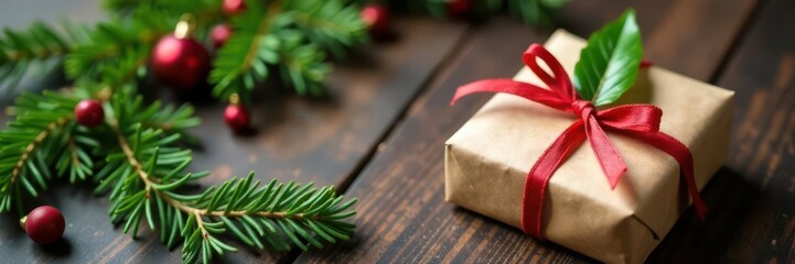 Simple Christmas gift, brown paper, natural fir sprigs , pine branches, simple, gift box