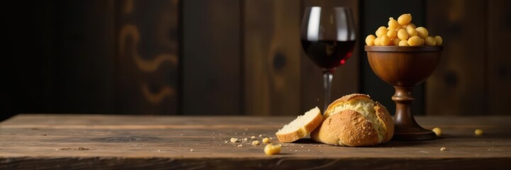 Simple wooden table, chalice, wine, bread crumb , ceremony, sacrifice, religious