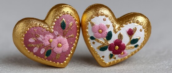 Gold Embroidered Heart Ornaments  Pink   White Flowers  Mother s Day Gift