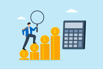 Flat illustration of businessman climbing staircase of gold coins toward calculator while holding magnifier to represent financial control and budget planning