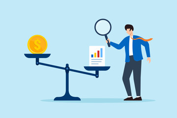 Flat illustration of businessman using magnifier to weigh coin and chart sheet on balance scale for financial analysis and decision making