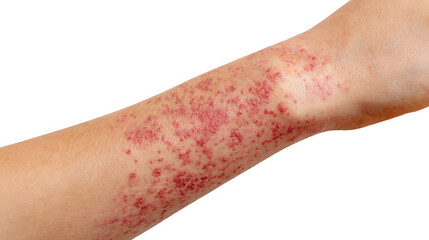Closeup of a measles rash featuring numerous small, raised red spots on an arm, highlighting a contagious viral infection against a transparent background