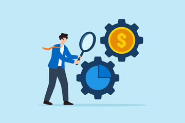 Flat illustration of businessman inspecting gear wheels of chart and coin with magnifier to optimize budget mechanism and financial performance