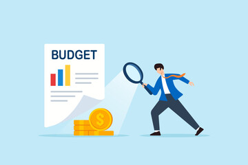Flat illustration of businessman revealing hidden coins under budget sheet with magnifier light to uncover financial insights and spending analysis