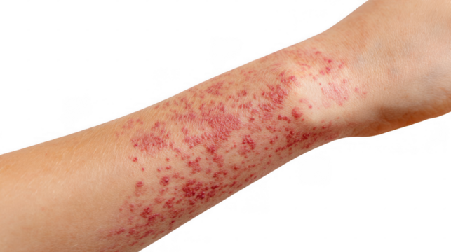Closeup of a measles rash featuring numerous small, raised red spots on an arm, highlighting a contagious viral infection against a transparent background