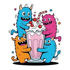 Playful Monsters Sharing a Delicious Strawberry Milkshake with Cherries.